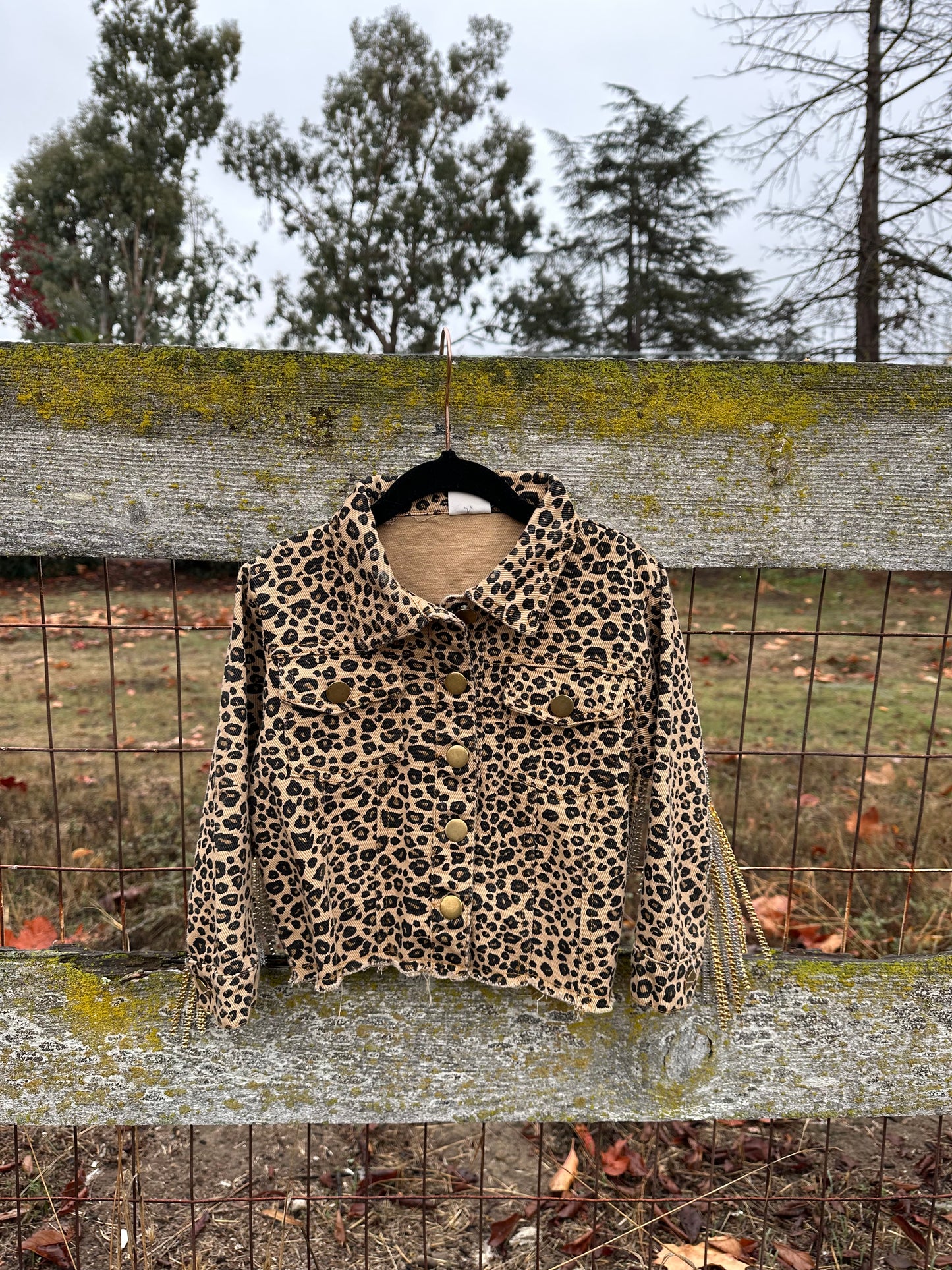 Leopard Rhinestone Fringe Jean Jacket