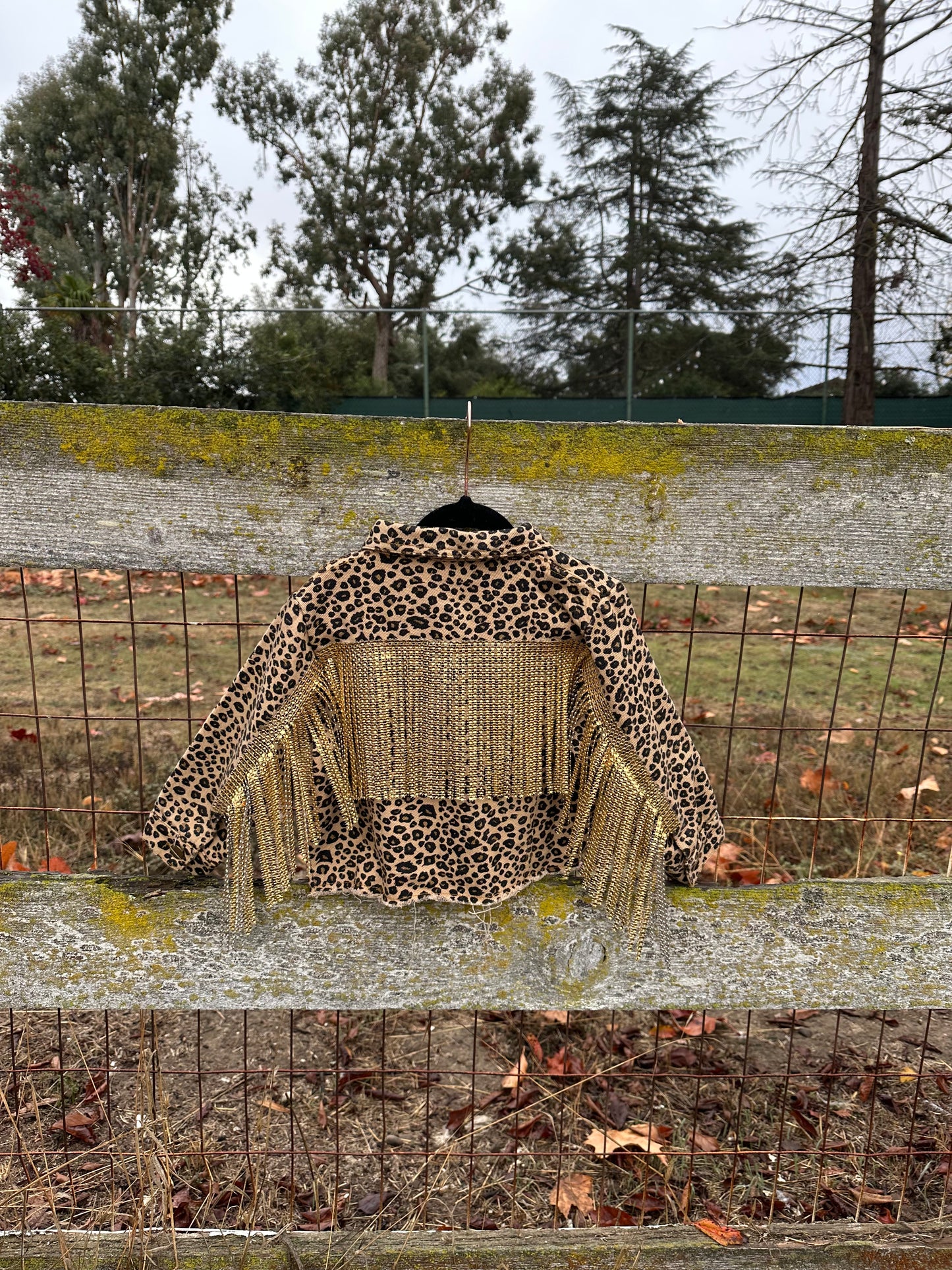 Leopard Rhinestone Fringe Jean Jacket