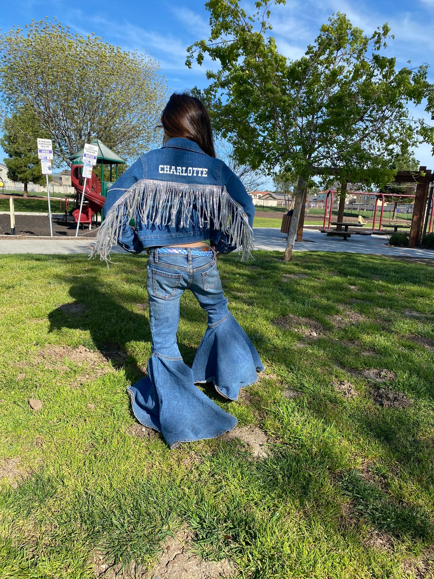 Girls Distressed Rhinestone Fringe Jean Jacket