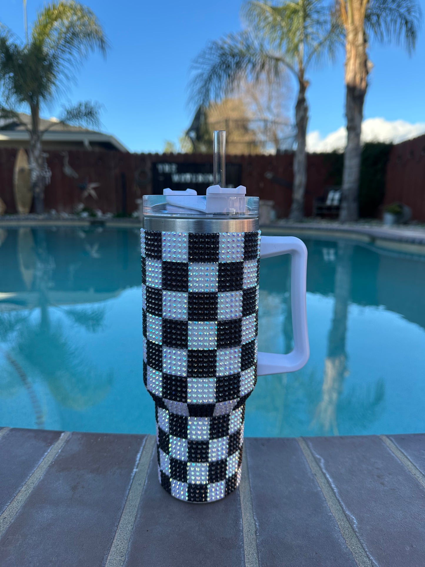 Checkered Rhinestone Tumbler