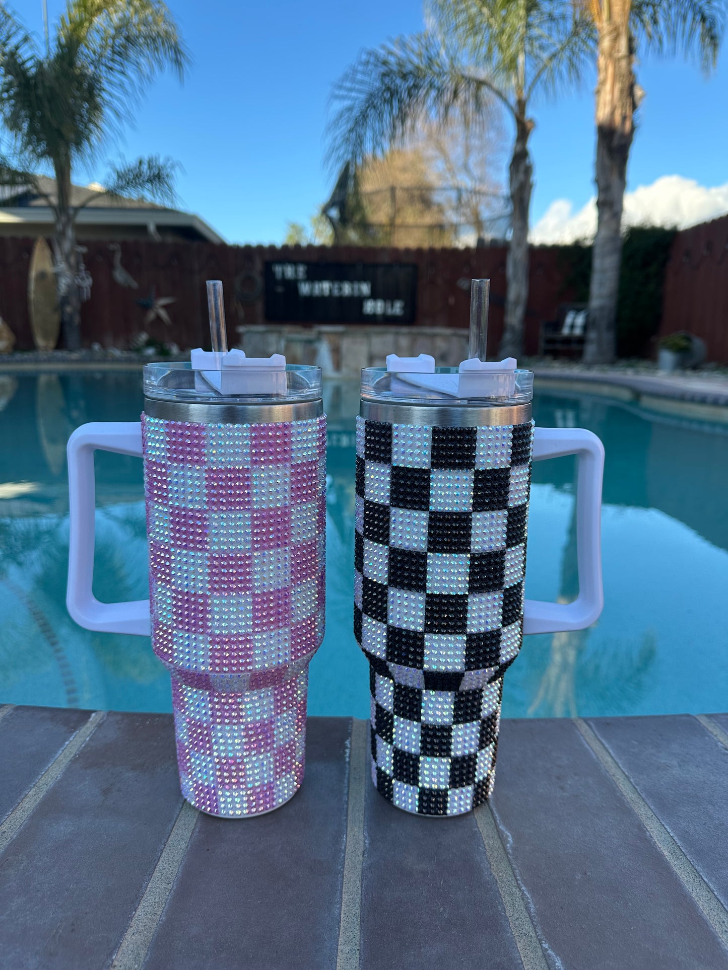 Checkered Rhinestone Tumbler