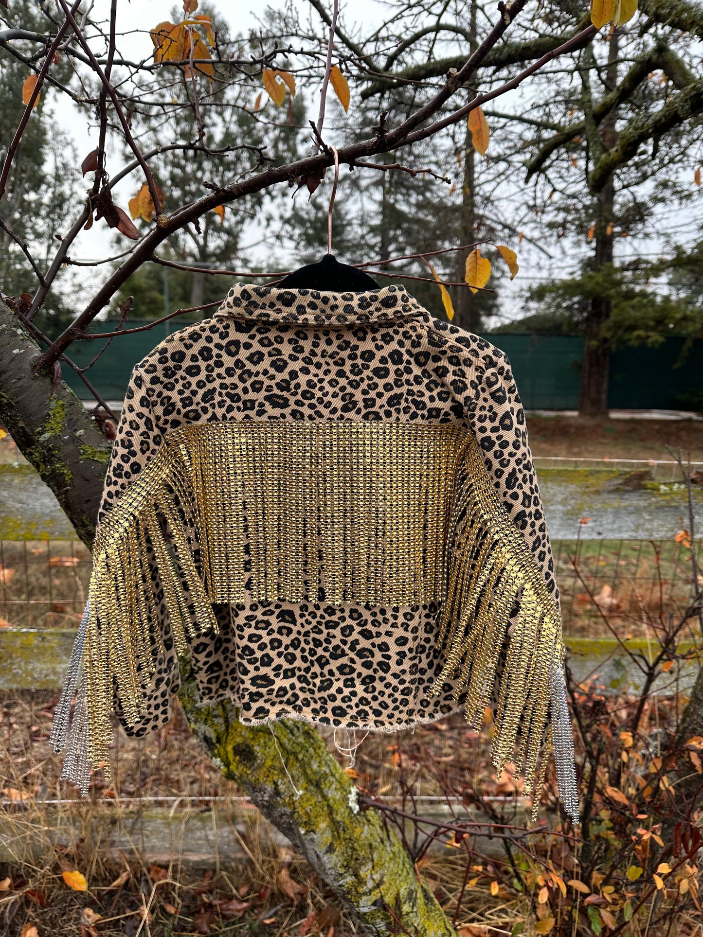 Leopard Rhinestone Fringe Jean Jacket