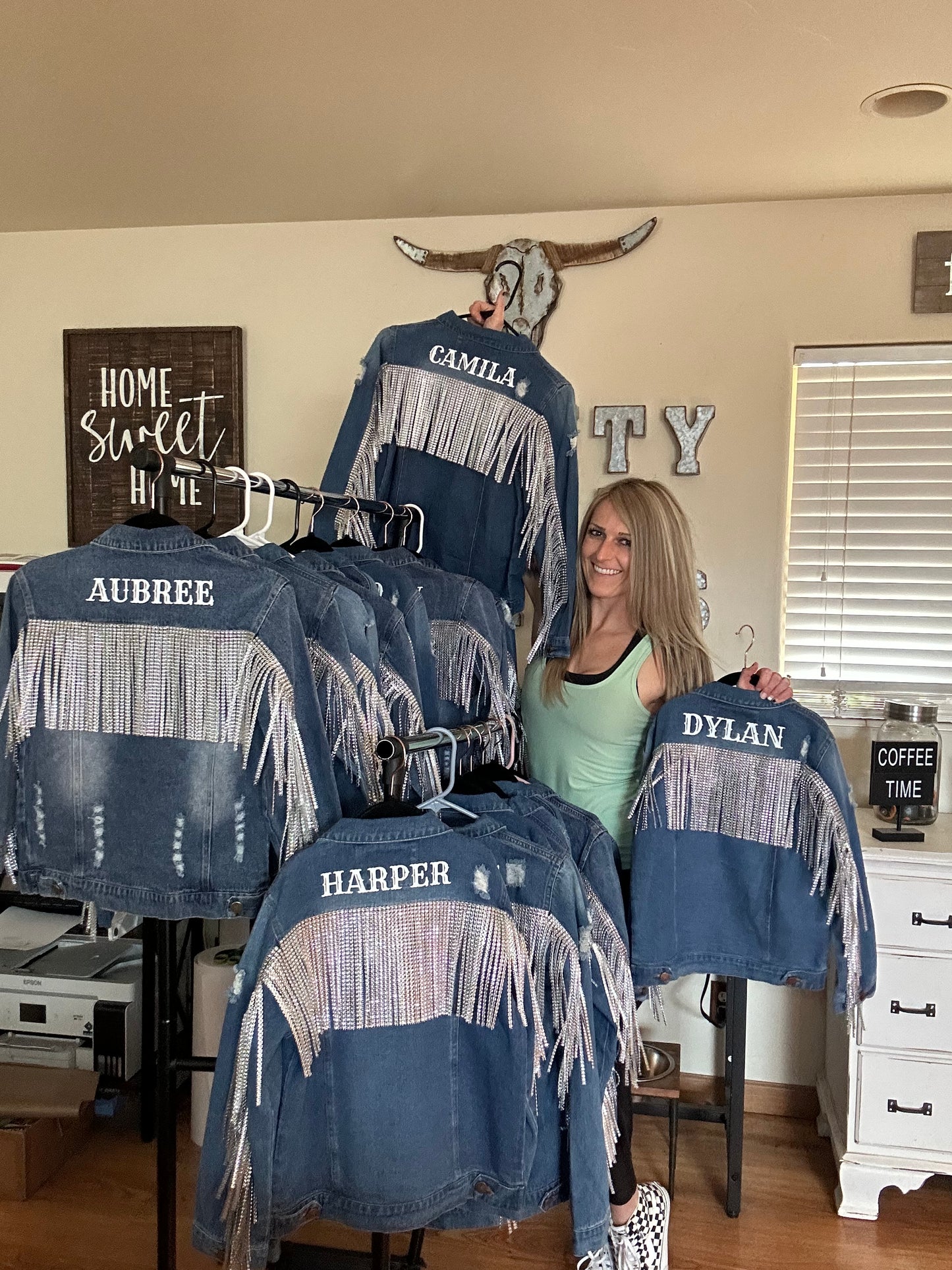 Girls Distressed Rhinestone Fringe Jean Jacket