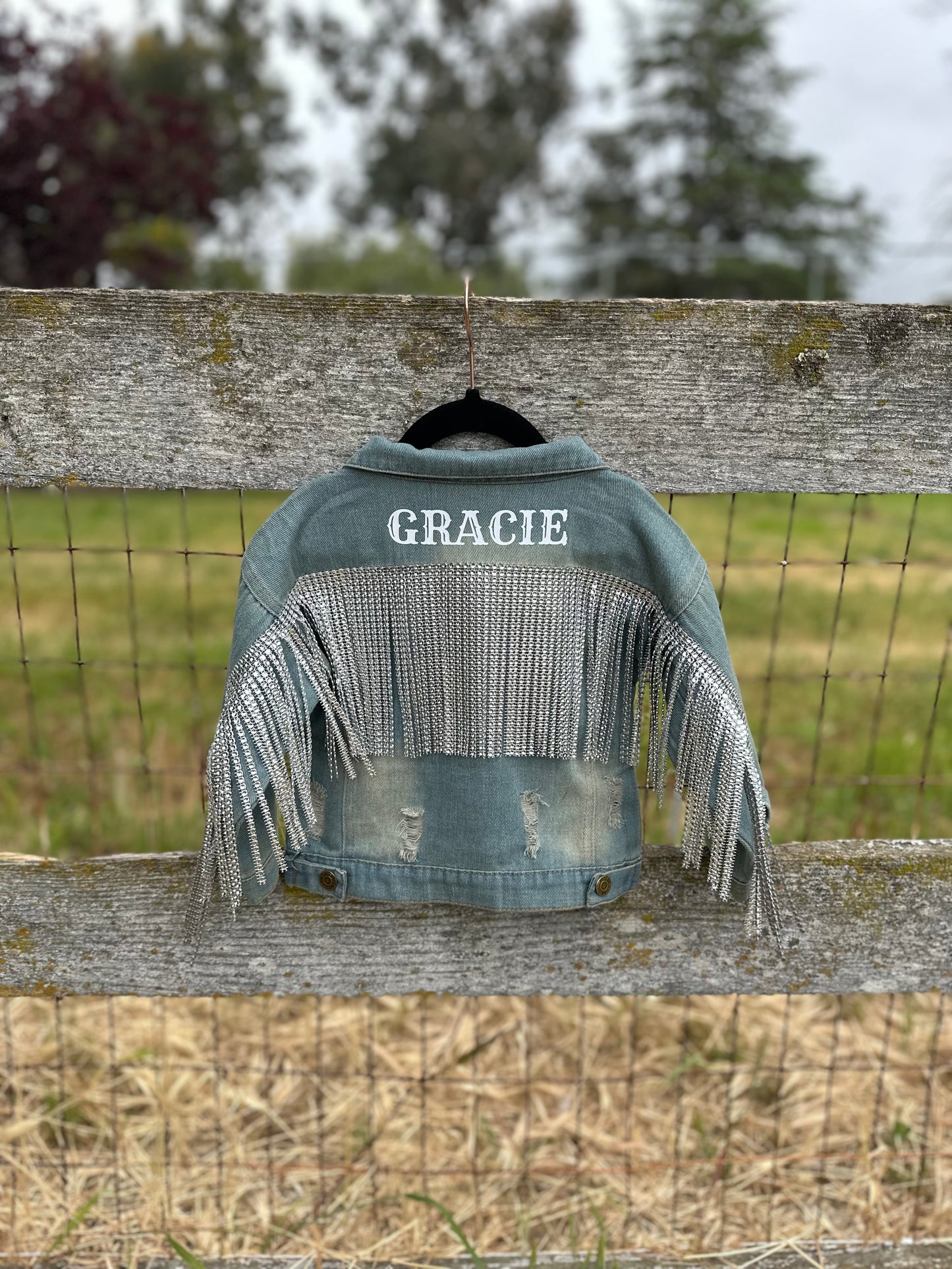Toddler Distressed Rhinestone Fringe Jean Jacket