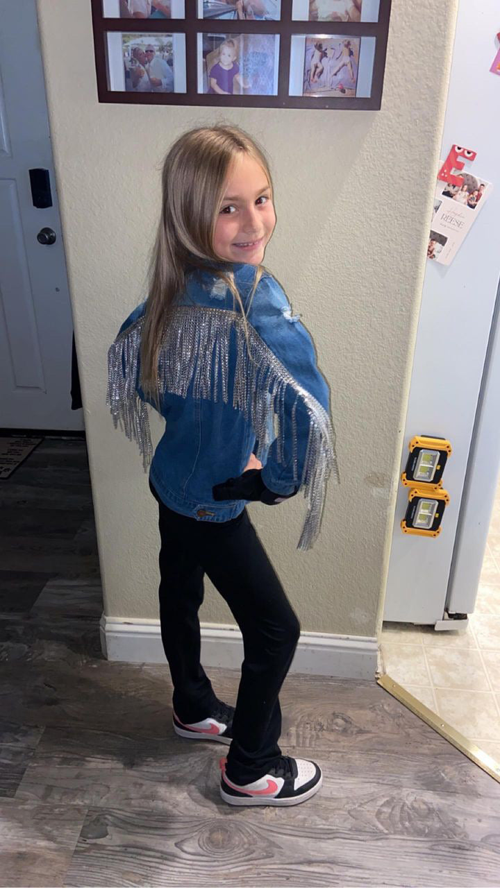 Girls Distressed Rhinestone Fringe Jean Jacket