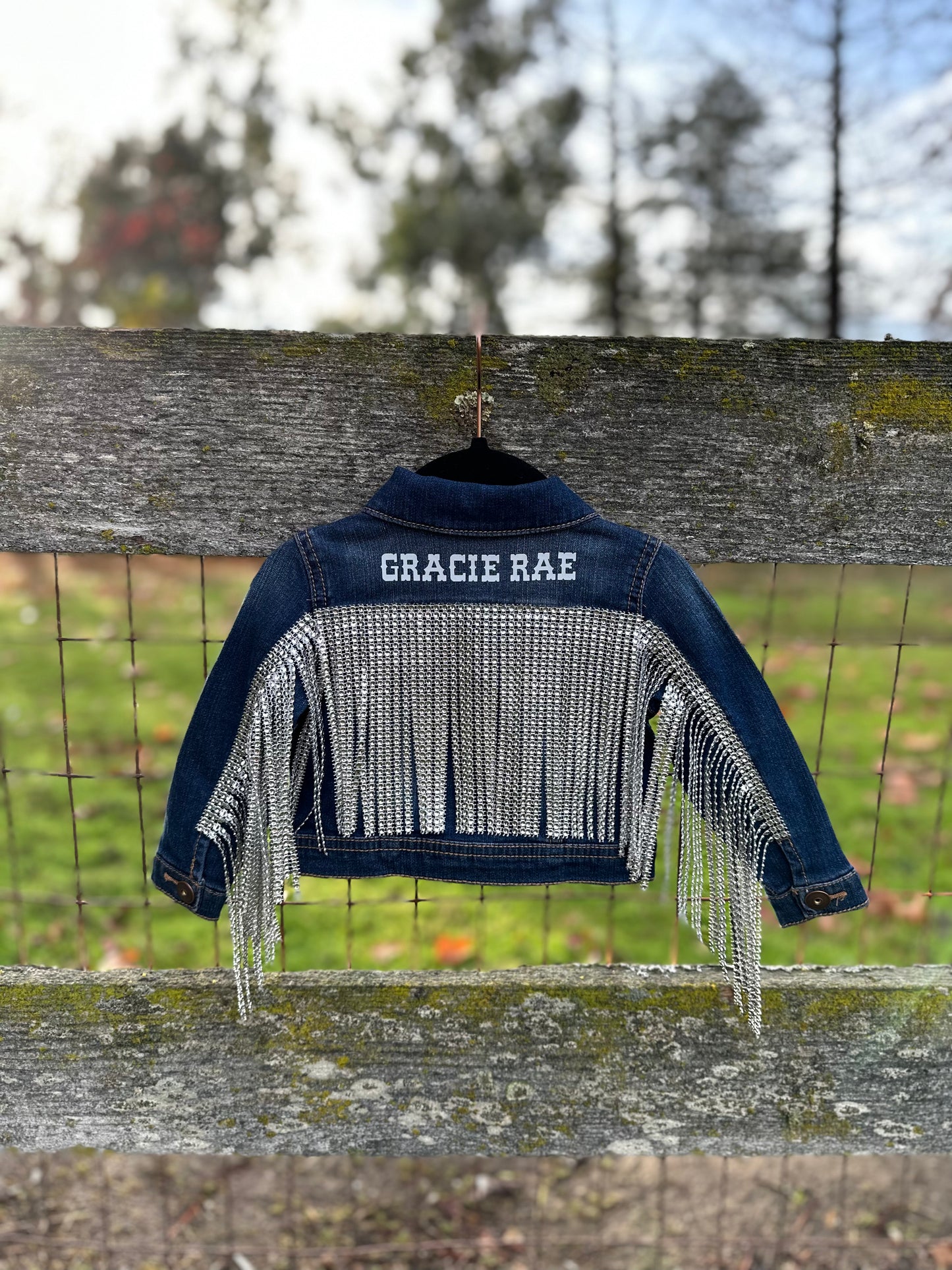 Toddler Rhinestone Fringe Jean Jacket Dark Wash