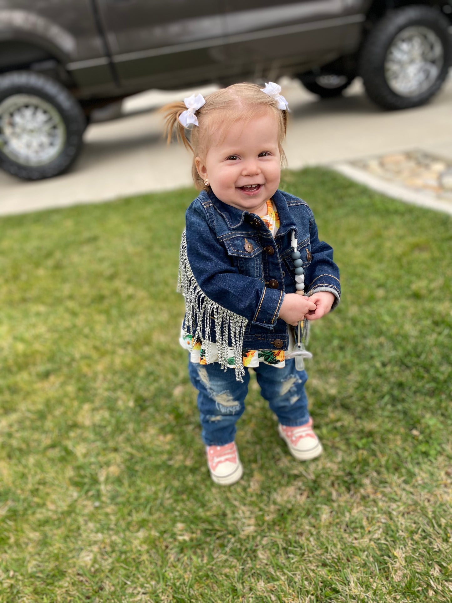 Toddler Rhinestone Fringe Jean Jacket Dark Wash