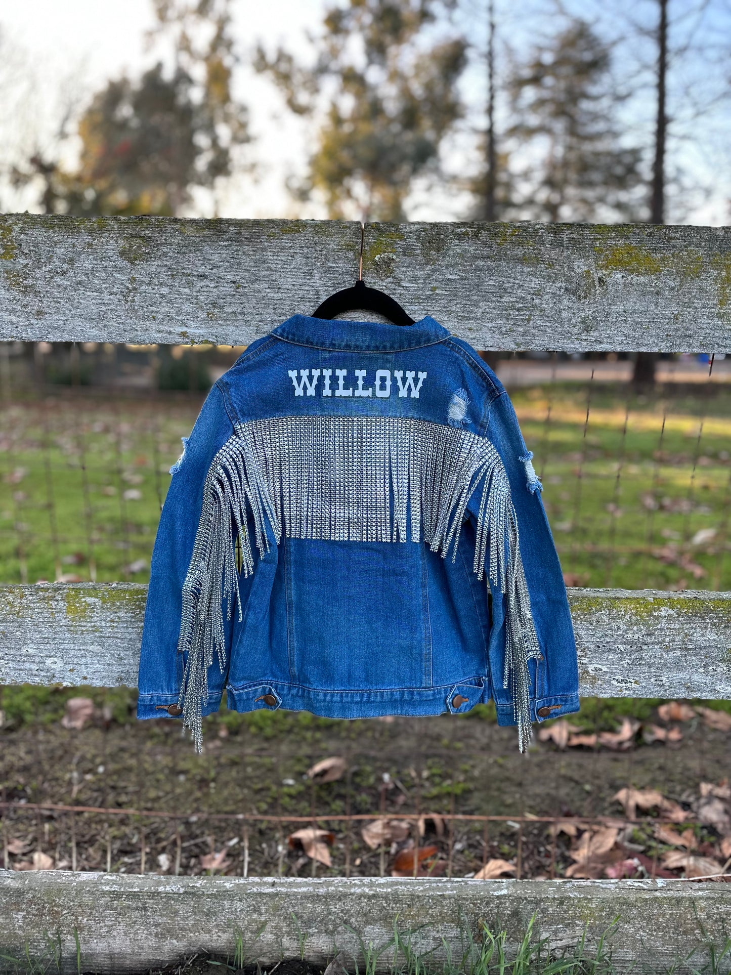 Girls Distressed Rhinestone Fringe Jean Jacket