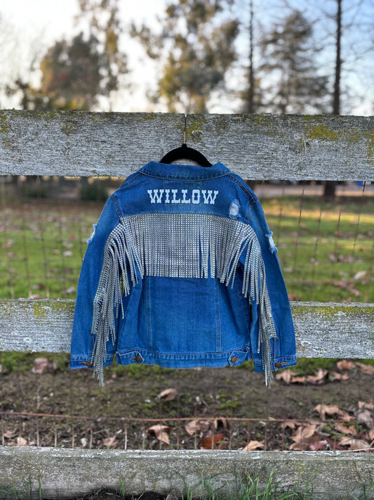 Girls Distressed Rhinestone Fringe Jean Jacket