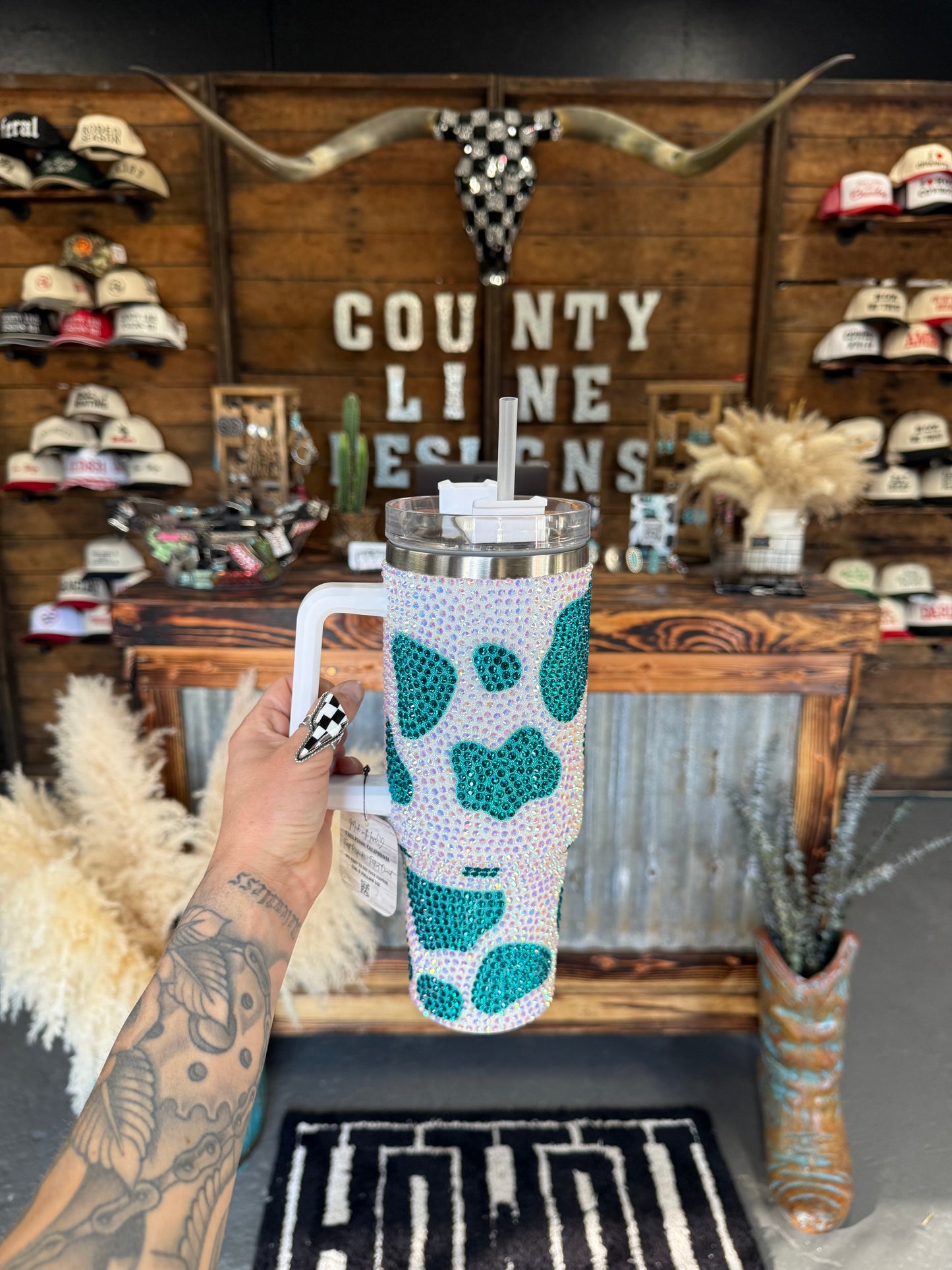 Rhinestone Cowprint Tumbler