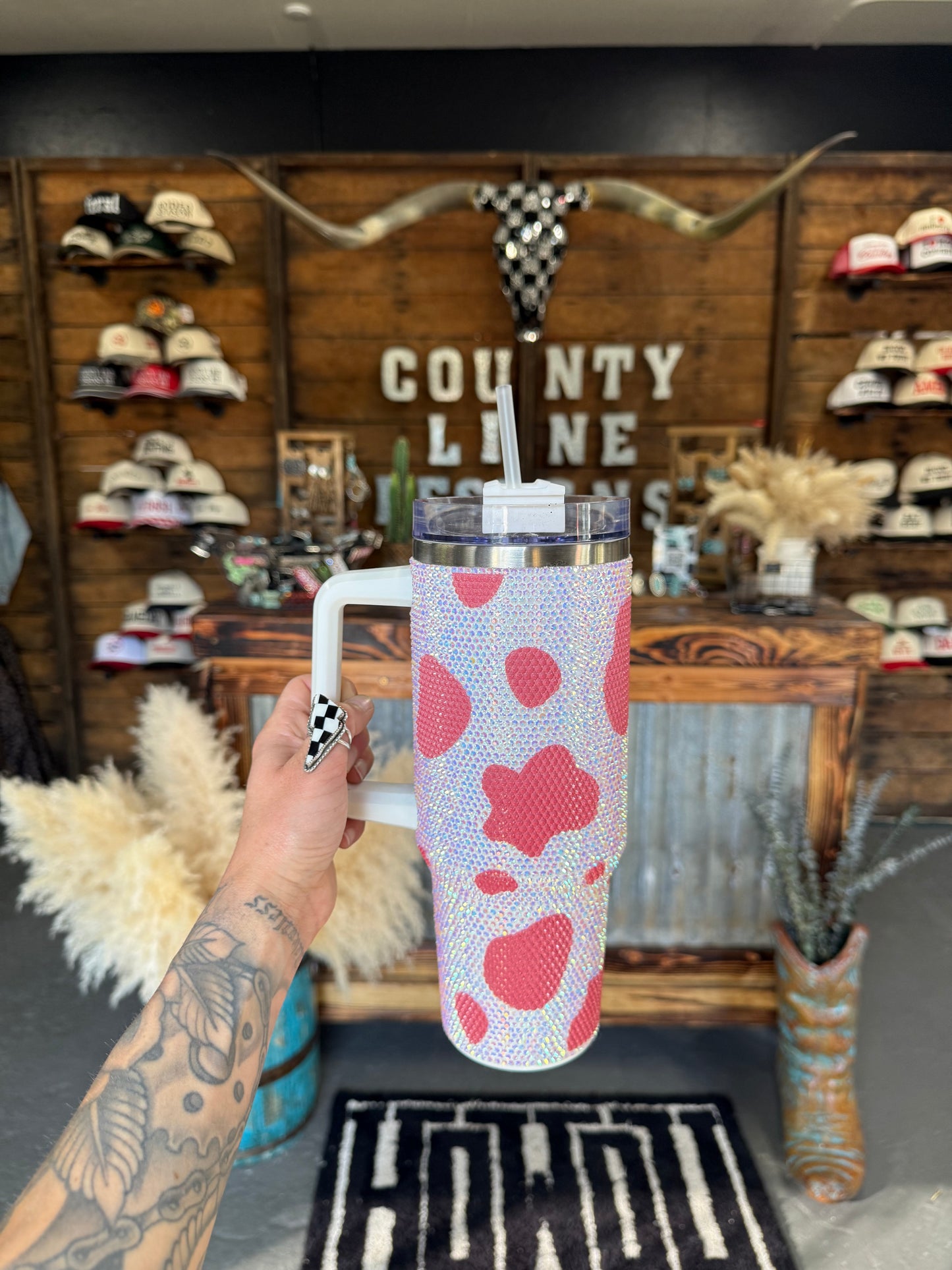 Rhinestone Cowprint Tumbler